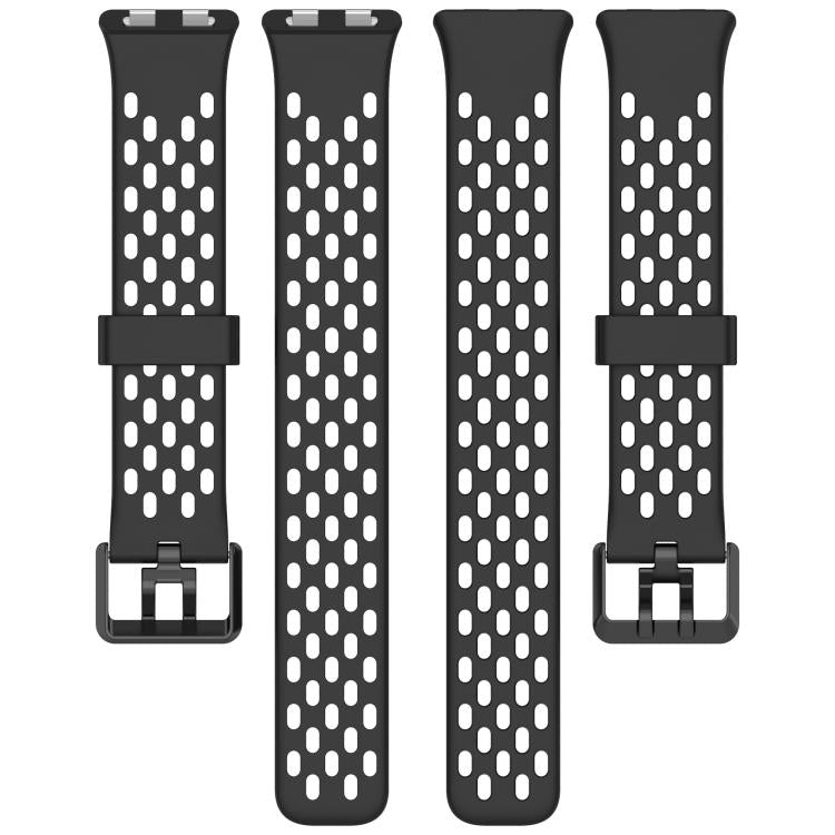 Black perforated silicone watch band with dual buckle and two strap pieces