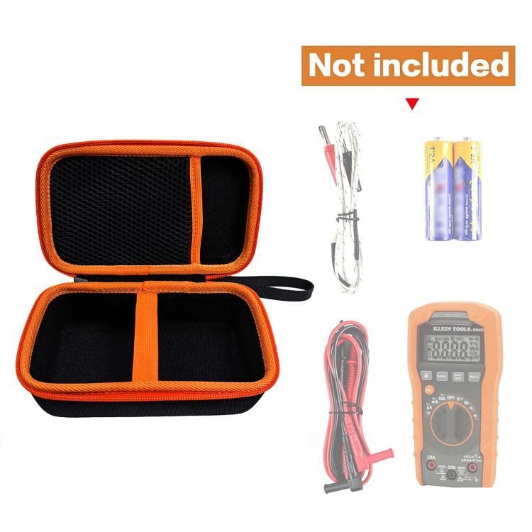 Hard multimeter case bag with open top, orange lining, and dual foam compartments