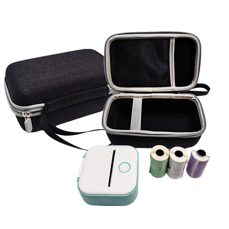 Black hard-shell mini printer storage case, zip opening with padded compartments