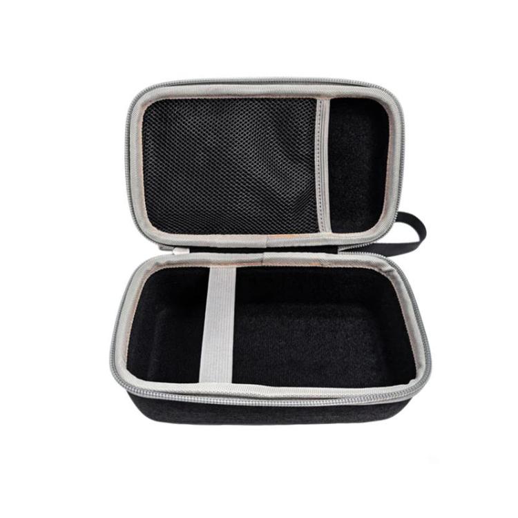 Hard mini printer storage case with zipper, open interior divider strap
