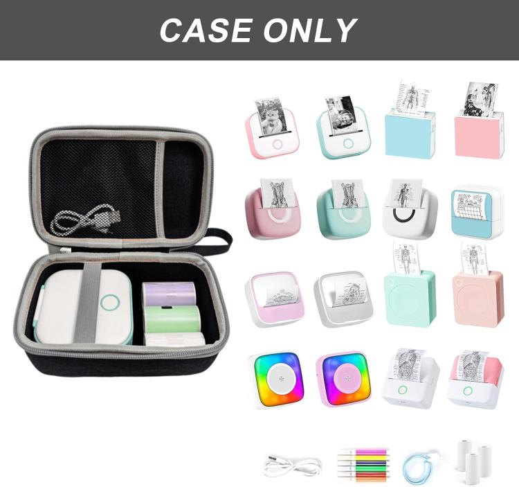 Mini hard storage case for compact printer, open lid with elastic strap divider