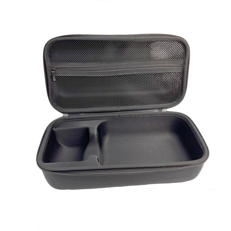Hard travel protective storage case for hair dryer, black, mesh front pocket.