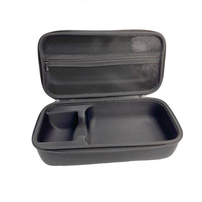 Hard travel protective storage case for hair dryer, black, mesh front pocket.