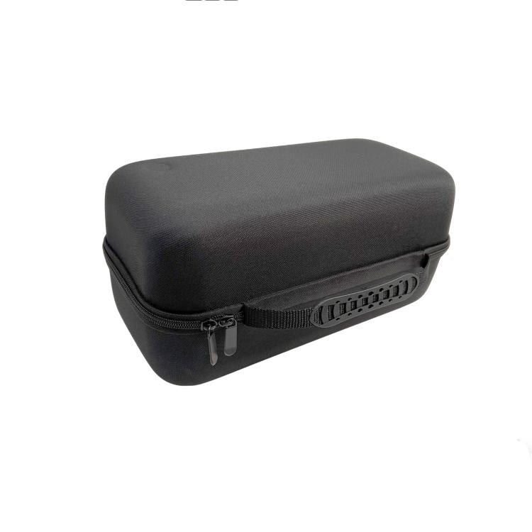 Black hard-shell travel case with zipper and fabric handle strap.