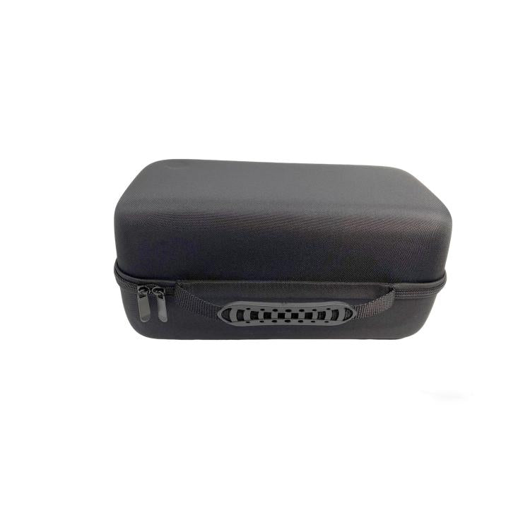 Black hard-shell travel case with front zipper and mesh opening.