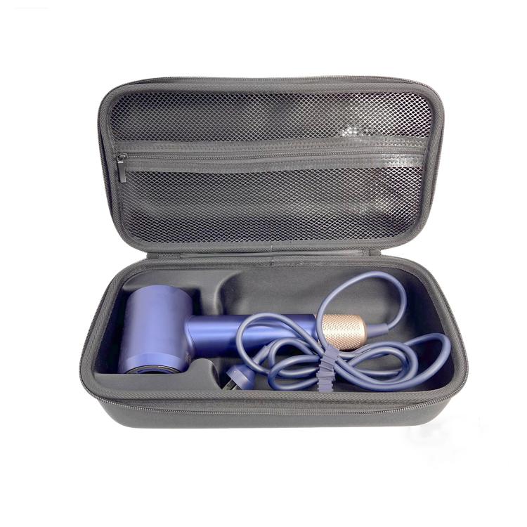 Open black hard-shell case with molded compartments and mesh lid pocket.