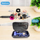 Black hard-shell travel case holding a blue hair dryer and coiled cord.
