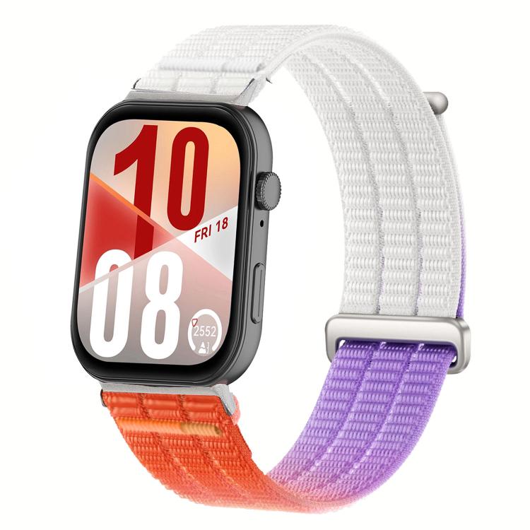 Nylon loop watch band with orange and purple sections and a metal slider