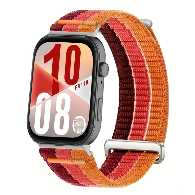 Nylon loop watch band with red and orange sections and a metal slider