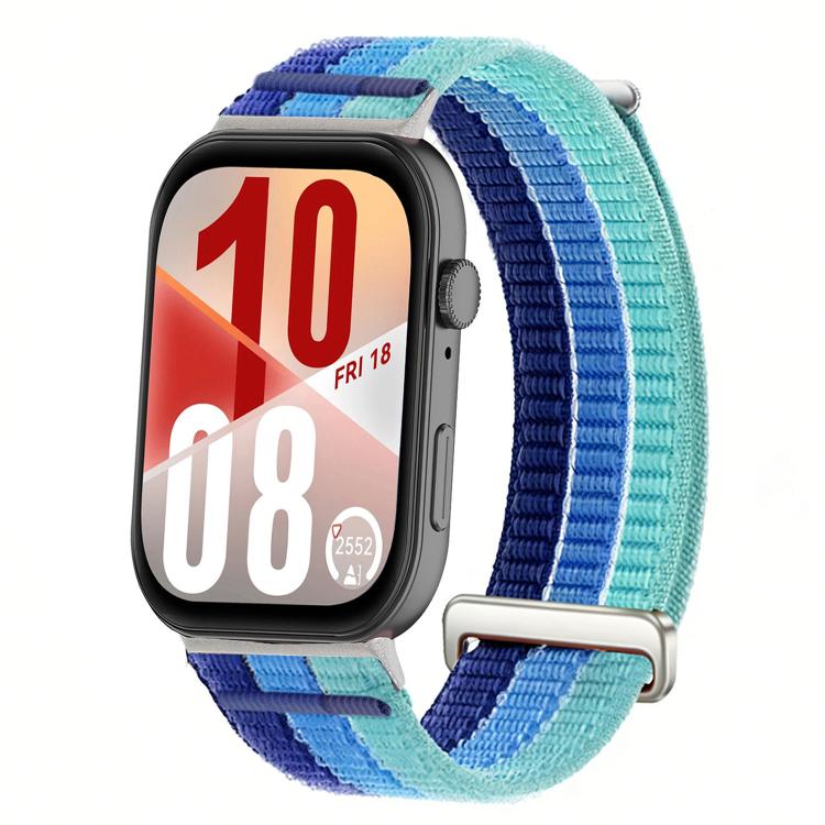 Nylon loop watch band with blue and turquoise sections and a metal slider