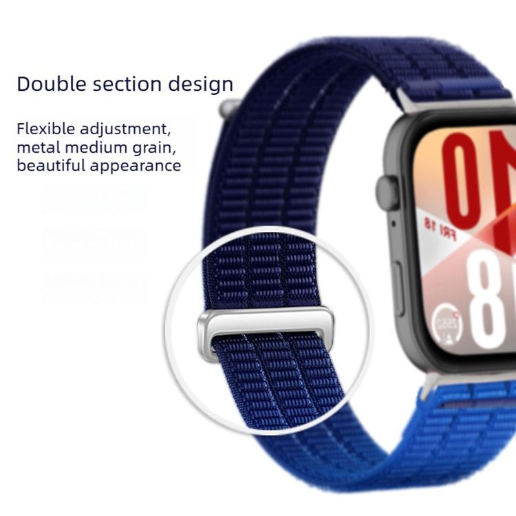 Close-up of navy and blue nylon loop watch band with metal slider