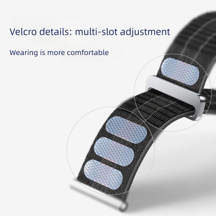Black nylon watch band underside showing multiple hook-and-loop adjustment patches