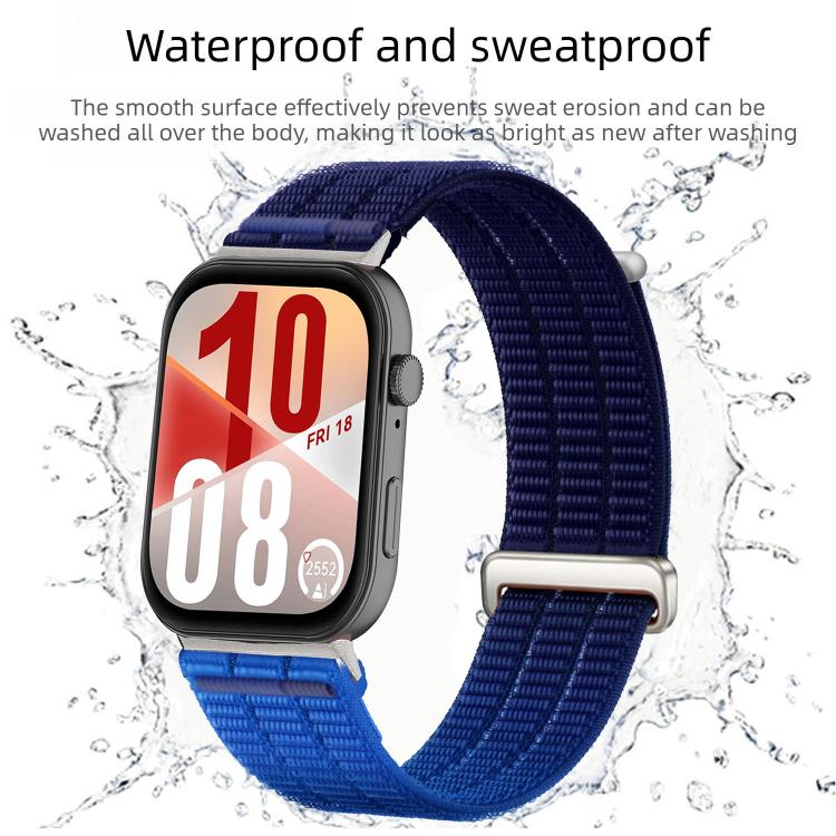 Nylon loop watch band in navy and blue with metal connectors, shown on a smartwatch