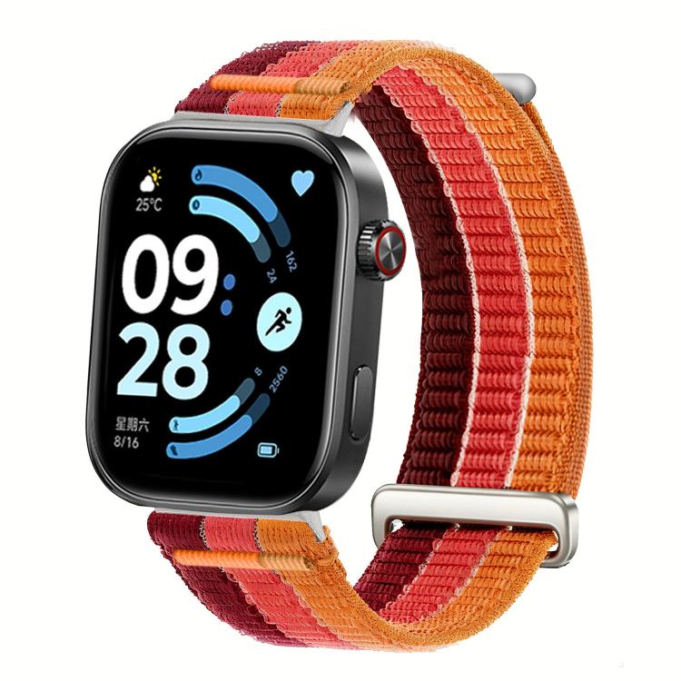 Nylon loop watch band with orange, red, and burgundy stripes