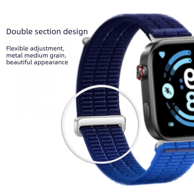 Navy nylon loop watch band with a silver slider and double-section woven design