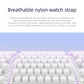 Close-up of white woven nylon watch band showing breathable looped texture