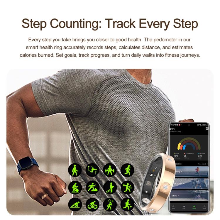 Gold smart ring shown with step-counting and fitness tracking graphics