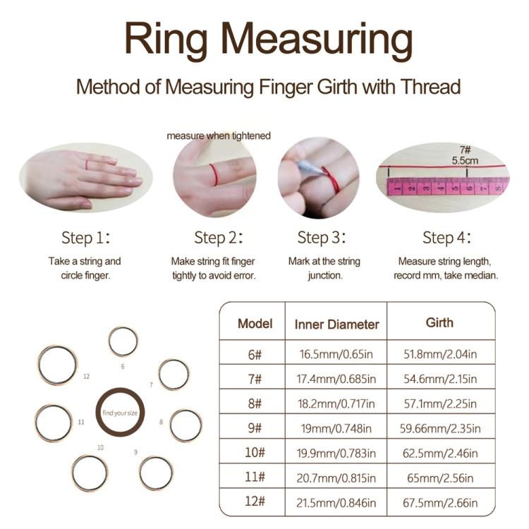 Smart ring sizing guide with finger measurement steps and a table of inner diameters and girths.