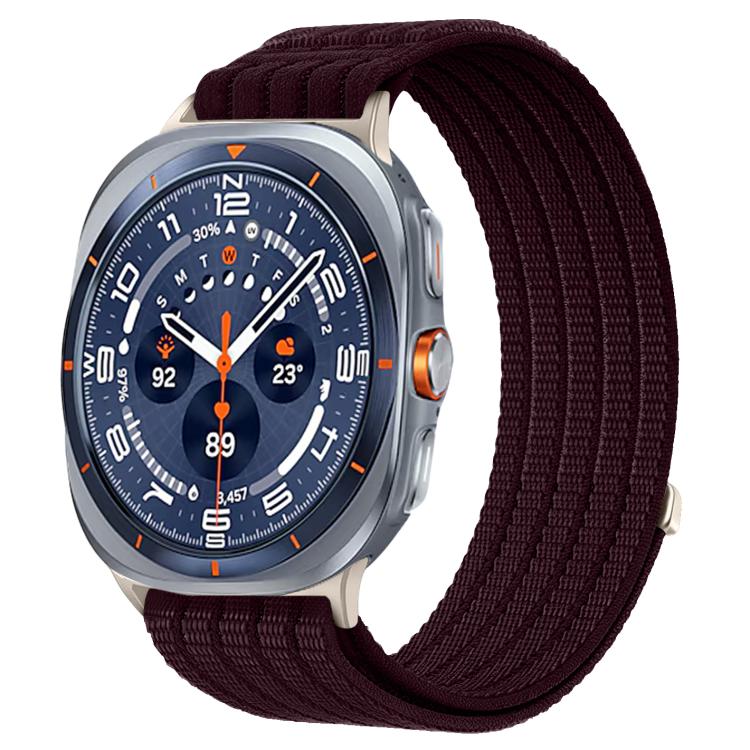 Galaxy Watch woven nylon band in deep plum, shown on a silver smartwatch