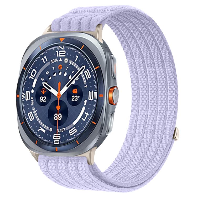 Galaxy Watch woven nylon band in pale lilac, shown on a silver smartwatch