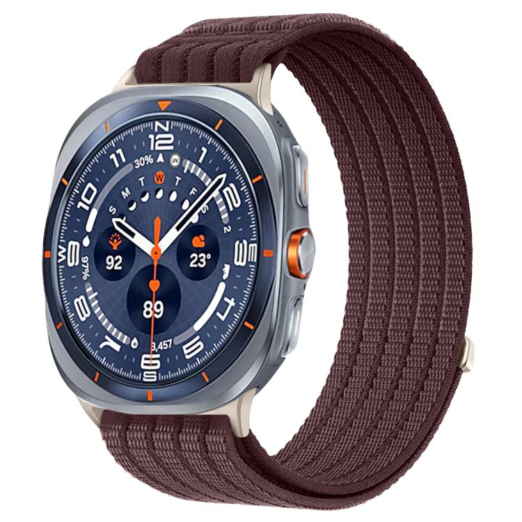 Dark plum woven nylon watch band with metal connectors on a smartwatch