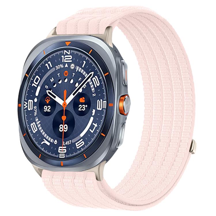 Pearl pink woven nylon watch band with metal connectors on a smartwatch