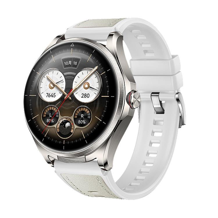 White hybrid watch band with stitched panels and a silicone underside, fitted to a smartwatch.