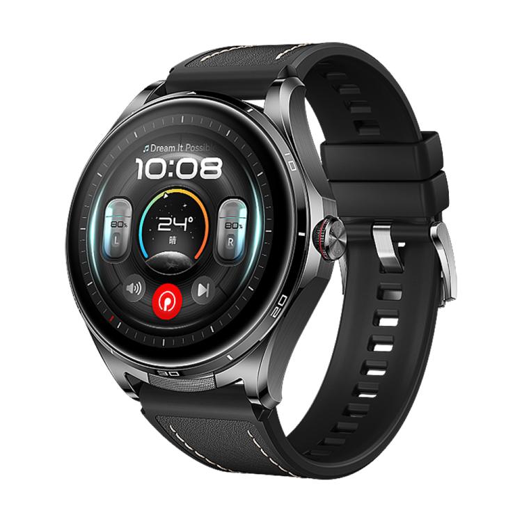 Black hybrid watch band with stitched panels and a silicone underside, fitted to a smartwatch.