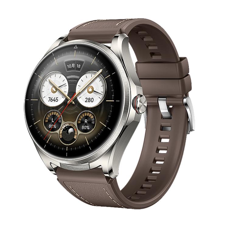 Brown hybrid watch band with stitched panels and a silicone underside, fitted to a smartwatch.