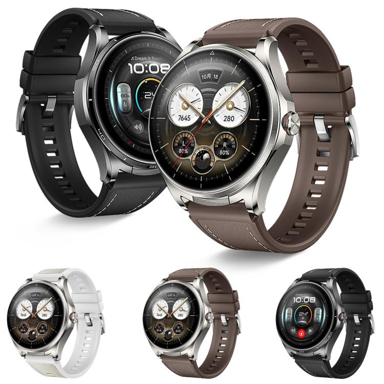 Hybrid watch bands in black, brown, and white, shown fitted to smartwatches.