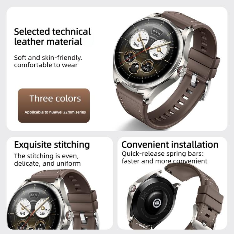 Brown hybrid watch band with even stitching and quick-release spring bars, shown on a smartwatch.