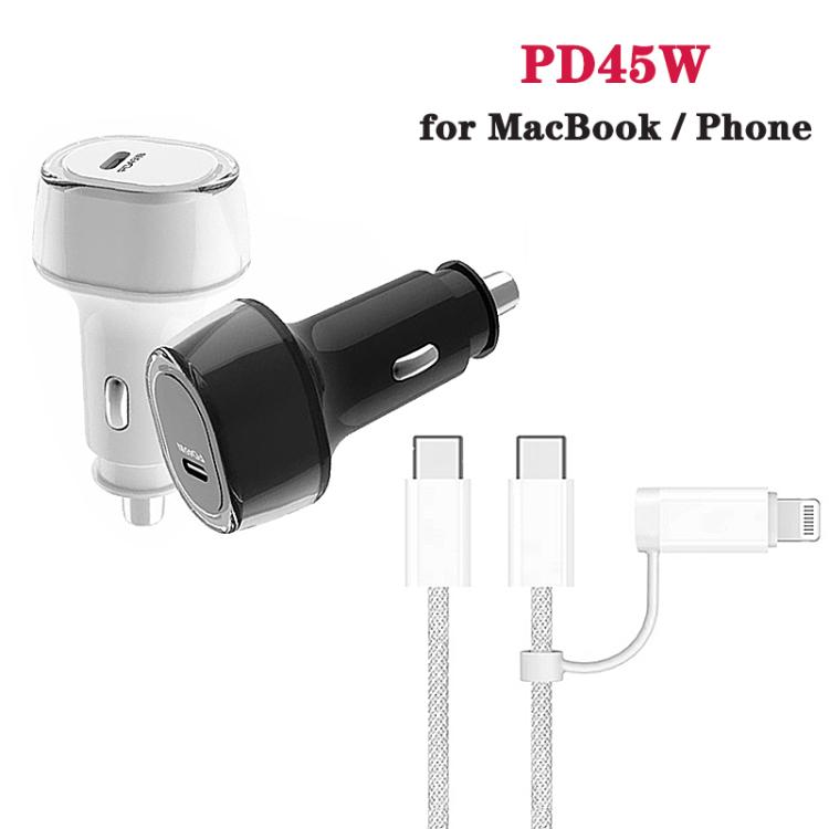 Car USB-C fast charger set in white and black with Type-C and 8-pin cables