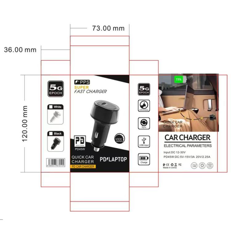 Car USB-C charger size diagram showing Type-C port and included cable connections