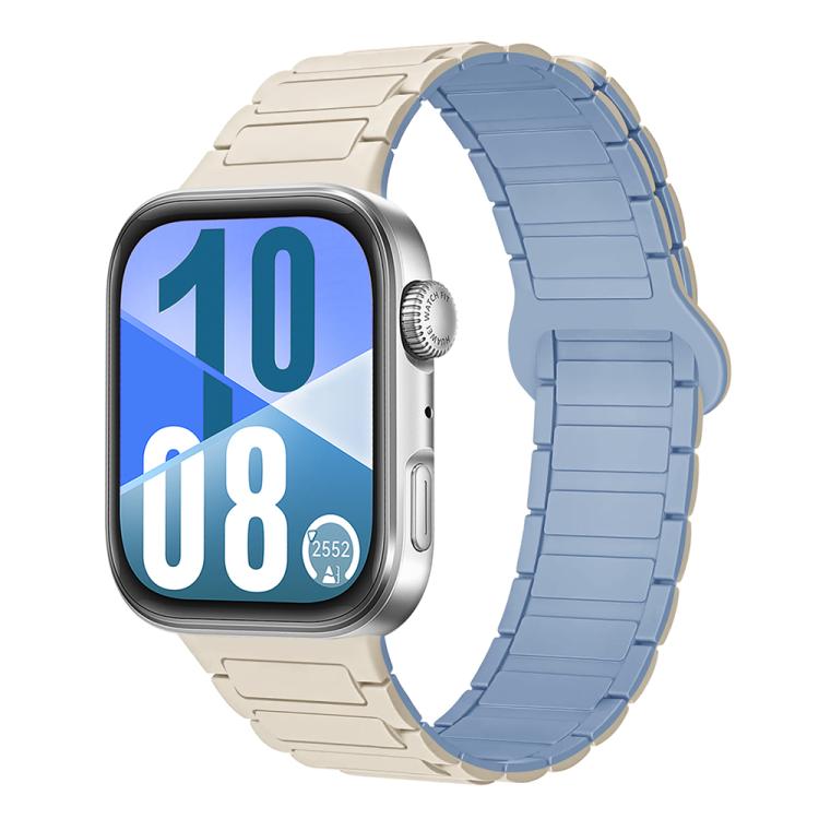 Cream and blue silicone watch band with segmented links and magnetic reverse buckle