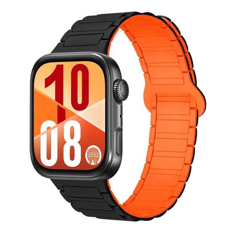 Black and bright orange silicone watch band with segmented links and magnetic reverse buckle