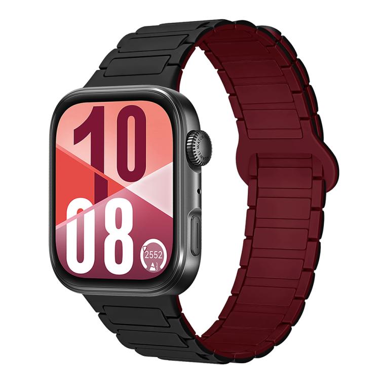 Black and burgundy silicone watch band with segmented links and magnetic reverse buckle