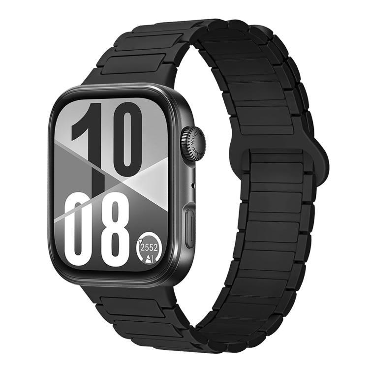 Black silicone watch band with segmented links and magnetic reverse buckle