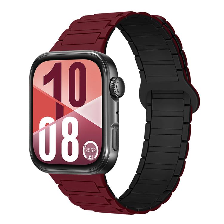Burgundy and black silicone watch band with segmented links and magnetic reverse buckle
