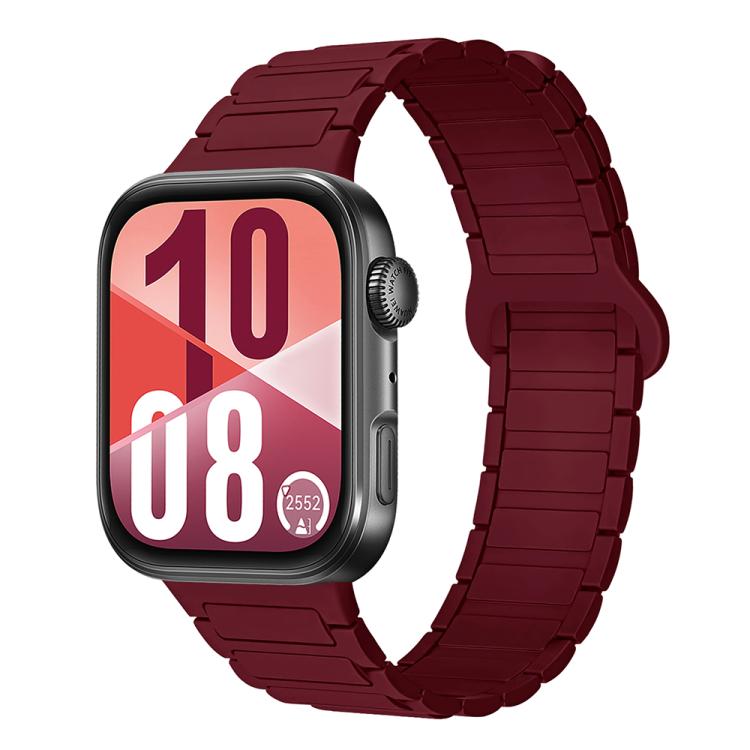 Burgundy silicone watch band with segmented links and magnetic reverse buckle