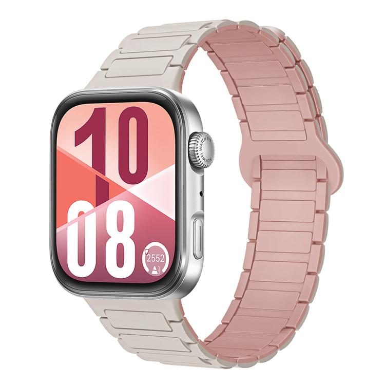 Silicone smartwatch band with segmented links in light beige and rose pink, shown on a watch
