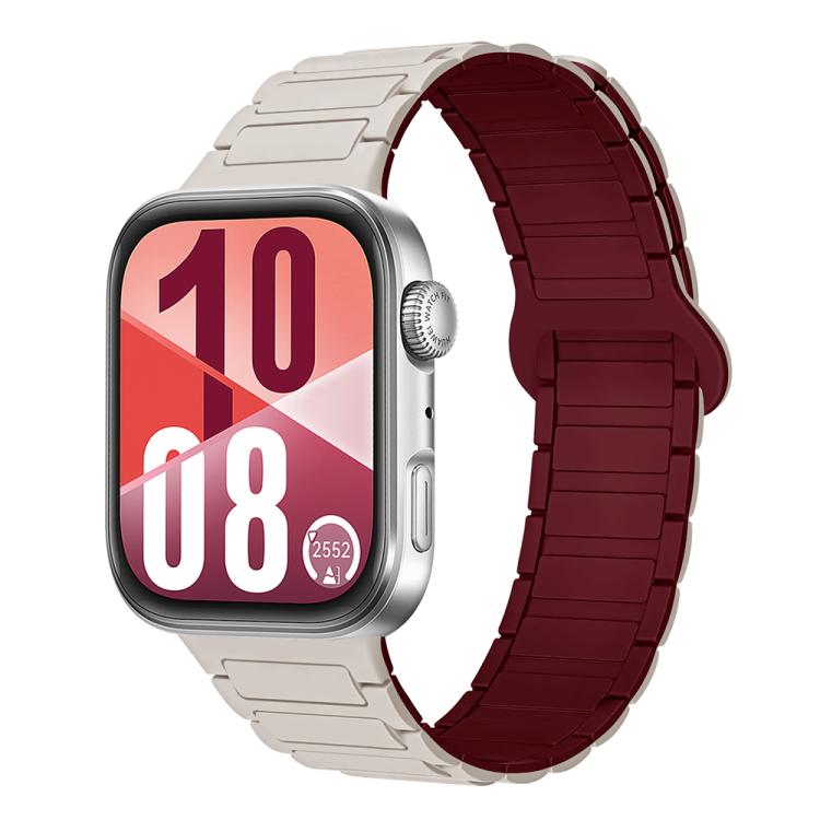 Cream and wine red silicone watch band shown on a smartwatch