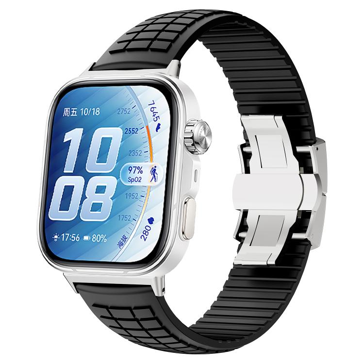 Black silicone watch band with knurled texture and folding buckle on a smartwatch