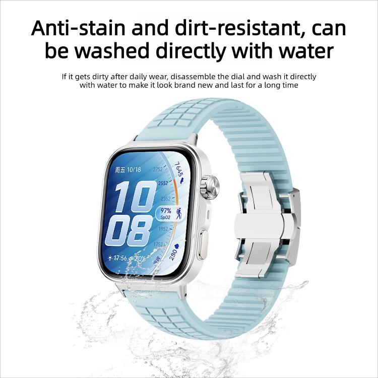 Light blue knurled silicone watch band with folding buckle, shown on a smartwatch