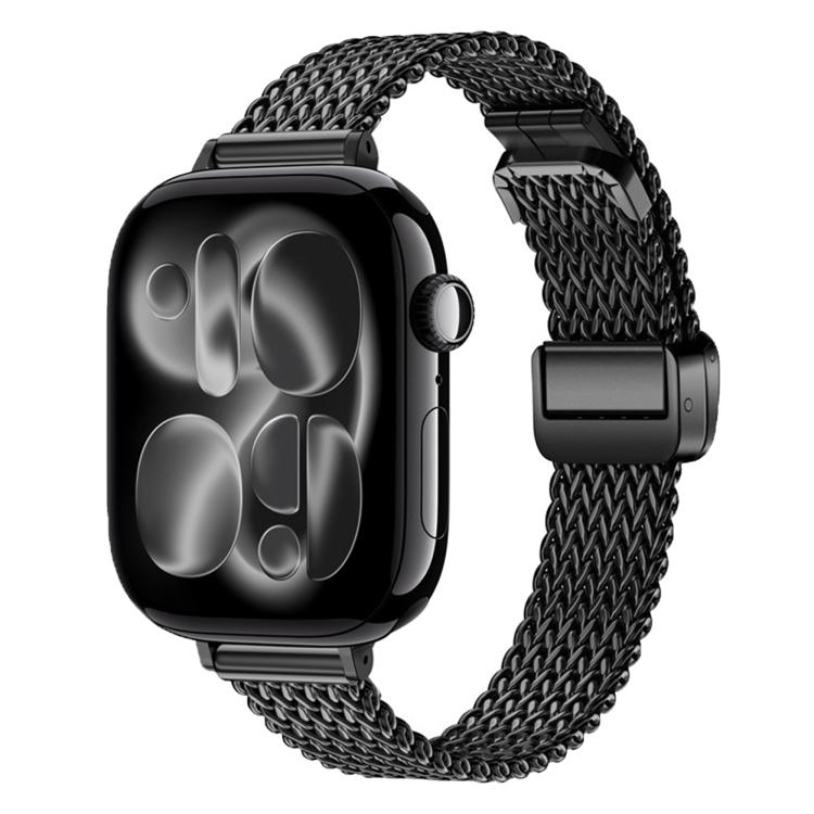 Black mesh stainless steel watch band and magnetic clasp on a smartwatch