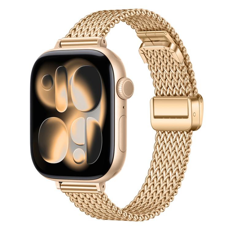 Rose gold stainless steel mesh band and fold magnetic clasp shown on a smartwatch