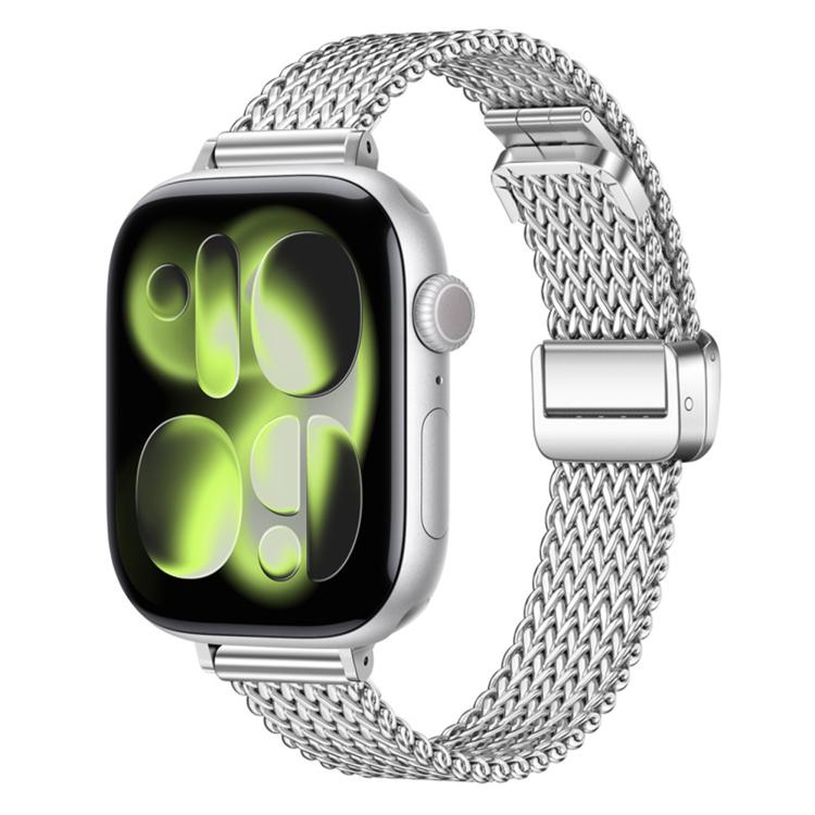 Silver stainless steel mesh band and magnetic clasp shown on a smartwatch