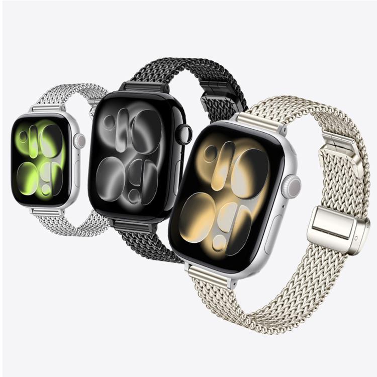 Mesh stainless steel watch bands with magnetic clasps in black, silver, and rose gold