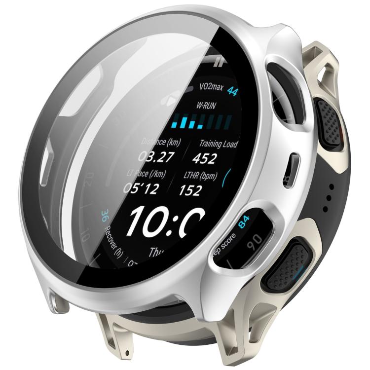 Matte silver protective case with integrated screen cover fitted on a round sports watch