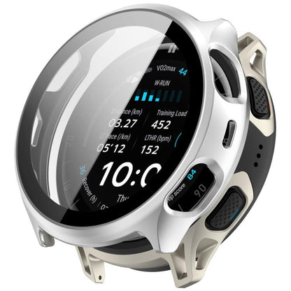 Matte silver protective case with integrated screen cover fitted on a round sports watch