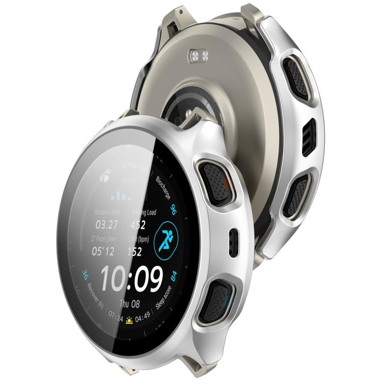 Silver watch case shown fitted on the front and back of an Amazfit Cheetah 2 Pro